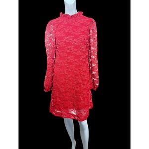 NWT Womens‎ Draper James RSVP Mini Dress M Red Lace Long Sleeve Metallic Accent